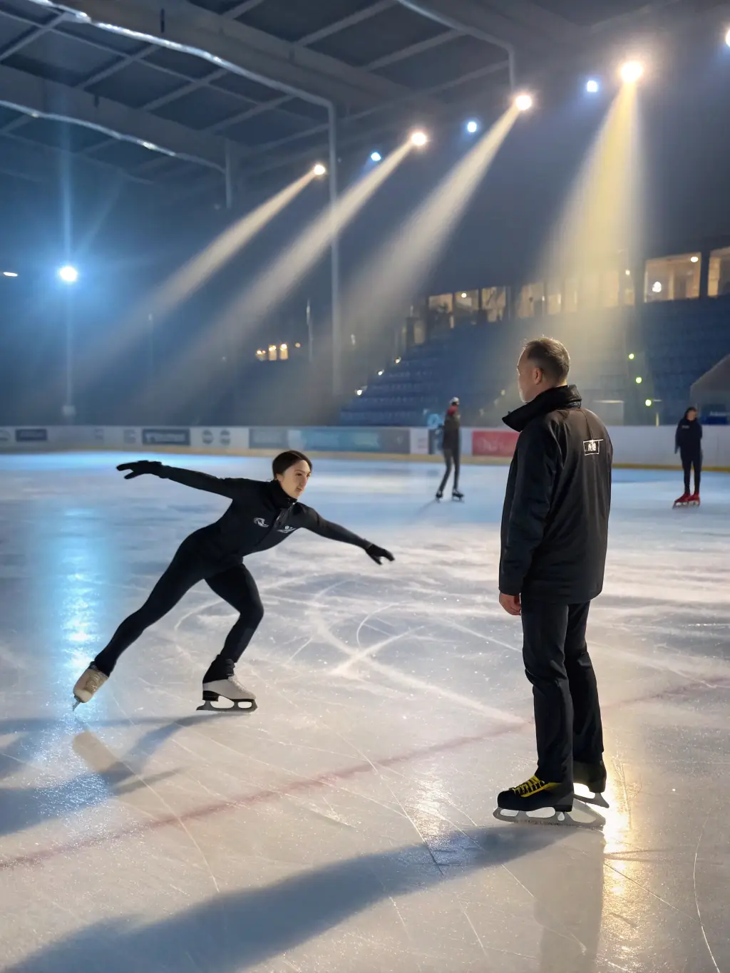 A diverse group of skaters participating in an ice skating course at PalaFeltre, learning new skills and techniques from experienced instructors.