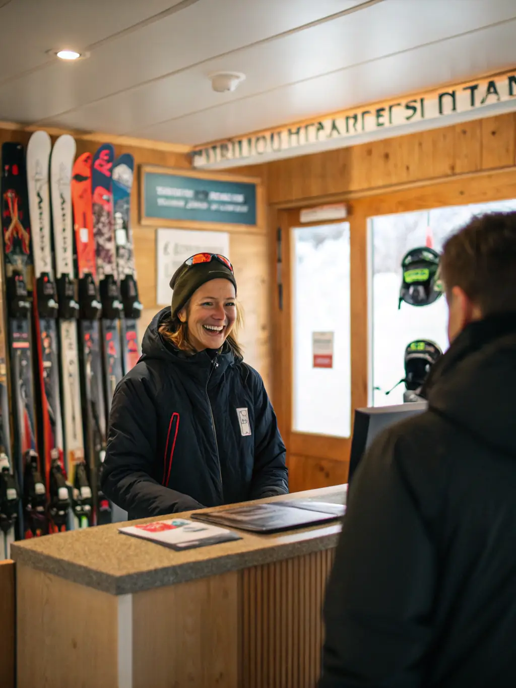 An image of a skate rental counter at PalaFeltre, with various sizes of skates neatly arranged and a staff member assisting a customer.