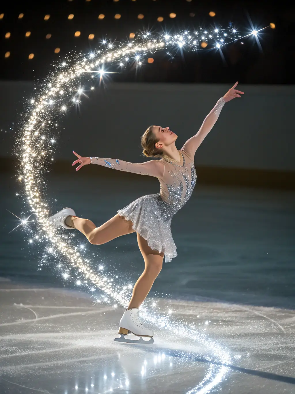 An elegant figure skater performing a graceful routine during a competition at PalaFeltre, highlighting the artistry and precision of figure skating.