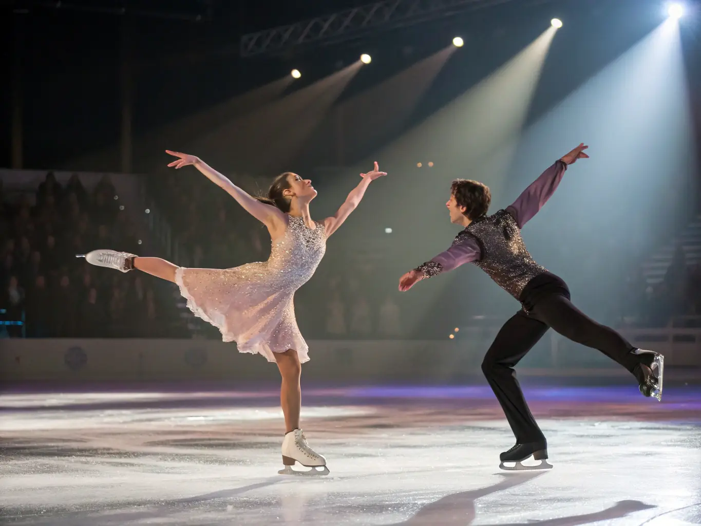 A vibrant image of figure skaters gracefully performing on the ice at PalaFeltre, showcasing the artistry and skill of the sport. The image is used to promote upcoming figure skating events.